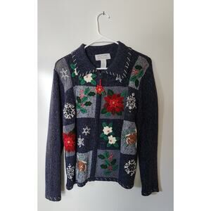 Tiara International Christmas Collection Blue Full Zip Sweater w/Applique Sz S